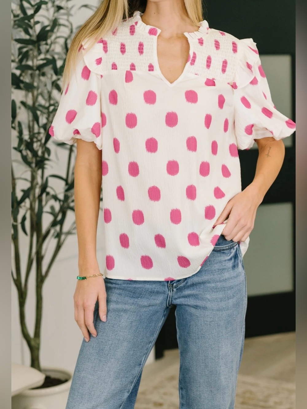 Polka Dot Print Shirred Notched Neck Puff Sleeve Blouse Size Large NWT